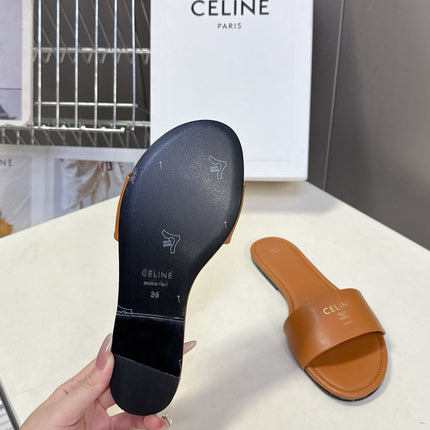 CELINE 26S FLAT SLIDES IN TAN BROWN LAMBSKIN
