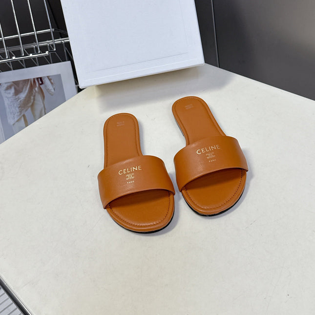 CELINE 26S FLAT SLIDES IN TAN BROWN LAMBSKIN