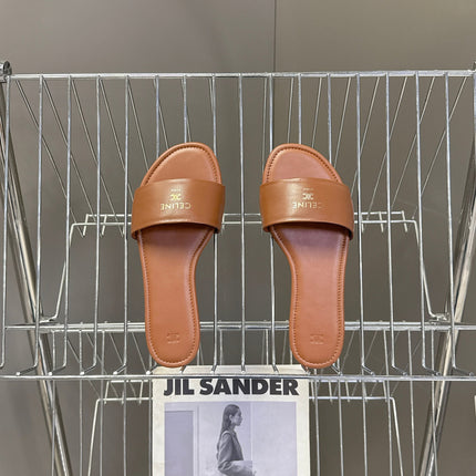 CELINE 26S FLAT SLIDES IN CARAMEL BROWN LAMBSKIN