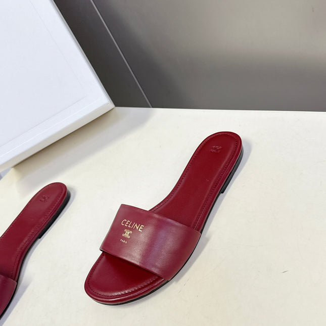 CELINE 26S FLAT SLIDES IN BURGUNDY RED LAMBSKIN