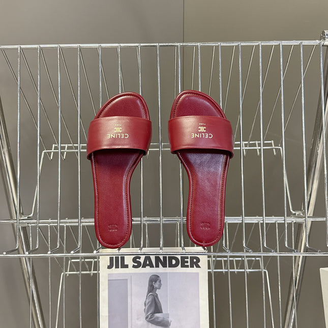 CELINE 26S FLAT SLIDES IN BURGUNDY RED LAMBSKIN