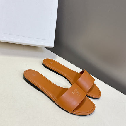 CELINE 26S FLAT SLIDES IN TAN BROWN LAMBSKIN