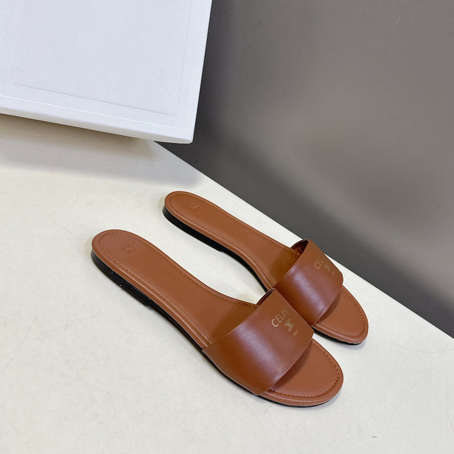 CELINE 26S FLAT SLIDES IN CARAMEL BROWN LAMBSKIN