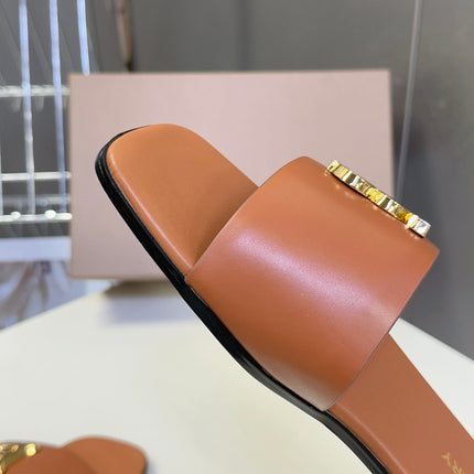 BURBERRY 26S FLAT SLIDE SANDALS IN CARAMEL BROWN CALFSKIN GOLD HARDWARE