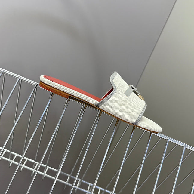 LP 26S SLIDES IN BEIGE CANVAS AND GREY CALFSKIN