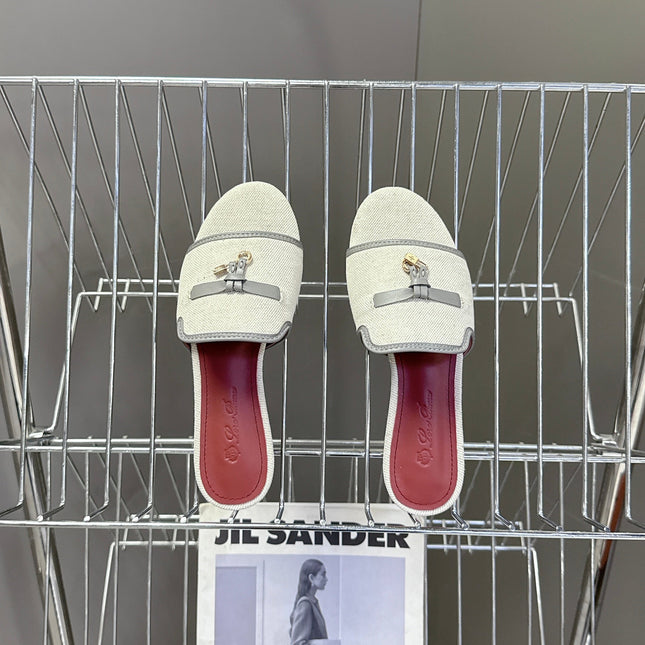 LP 26S SLIDES IN BEIGE CANVAS AND GREY CALFSKIN