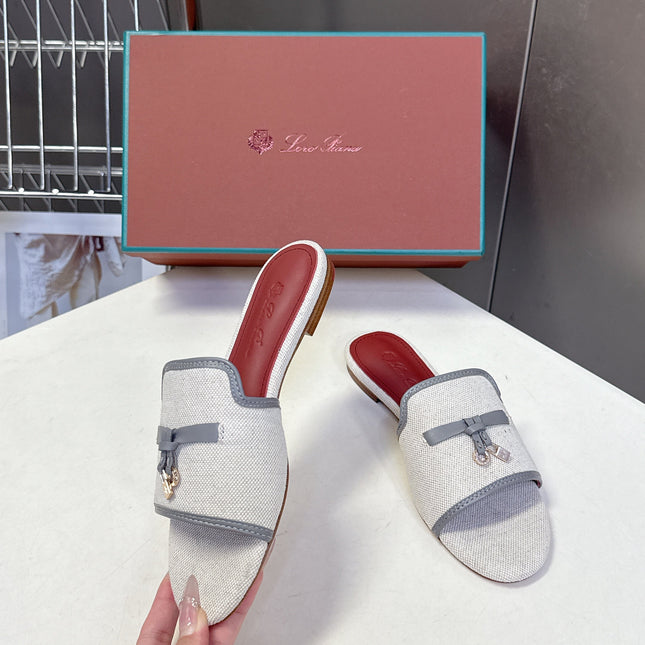 LP 26S SLIDES IN BEIGE CANVAS AND GREY CALFSKIN