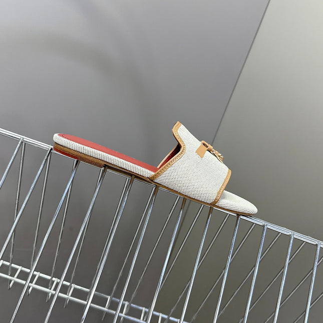 LP 26S SLIDES IN BEIGE CANVAS AND BROWN CALFSKIN