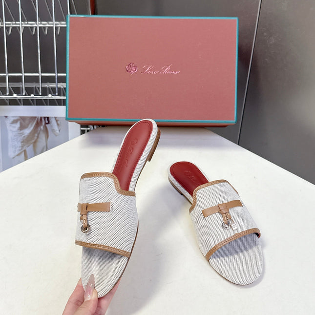 LP 26S SLIDES IN BEIGE CANVAS AND BROWN CALFSKIN