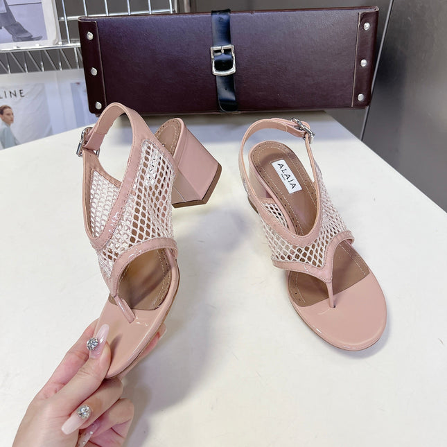 ALAIA 26S MESH THONG HEELS 55 MM IN PALE PINK PATENT CALFSKIN