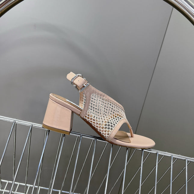 ALAIA 26S MESH THONG HEELS 55 MM IN PALE PINK PATENT CALFSKIN