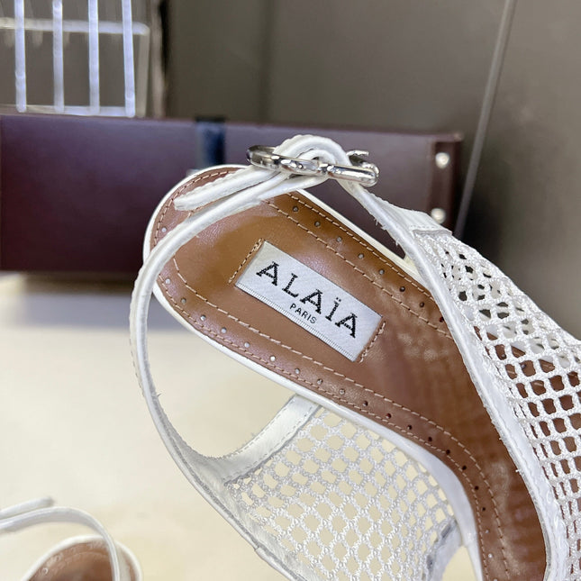 ALAIA 26S MESH THONG HEELS 55 MM IN WHITE PATENT CALFSKIN