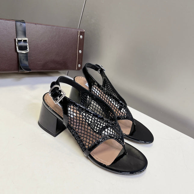 ALAIA 26S MESH THONG HEELS 55 MM IN BLACK PATENT CALFSKIN
