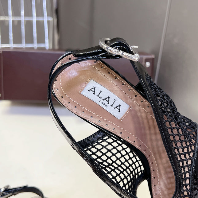 ALAIA 26S MESH THONG HEELS 55 MM IN BLACK PATENT CALFSKIN