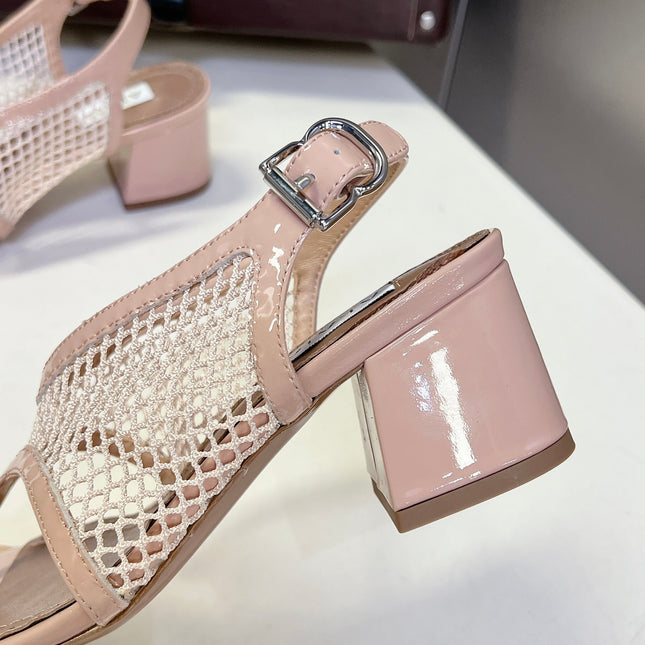 ALAIA 26S MESH THONG HEELS 55 MM IN PALE PINK PATENT CALFSKIN