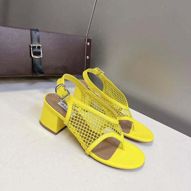 ALAIA 26S MESH THONG HEELS 55 MM IN YELLOW PATENT CALFSKIN