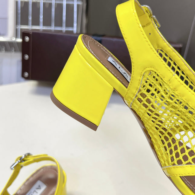 ALAIA 26S MESH THONG HEELS 55 MM IN YELLOW PATENT CALFSKIN