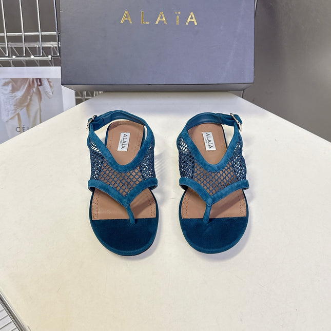 ALAIA 26S FLAT MESH THONG SANDALS IN PETROL BLUE SUEDE