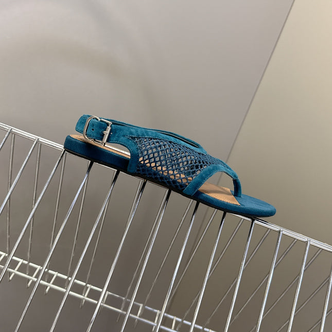 ALAIA 26S FLAT MESH THONG SANDALS IN PETROL BLUE SUEDE