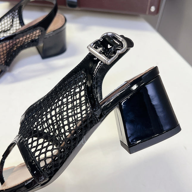 ALAIA 26S MESH THONG HEELS 55 MM IN BLACK PATENT CALFSKIN