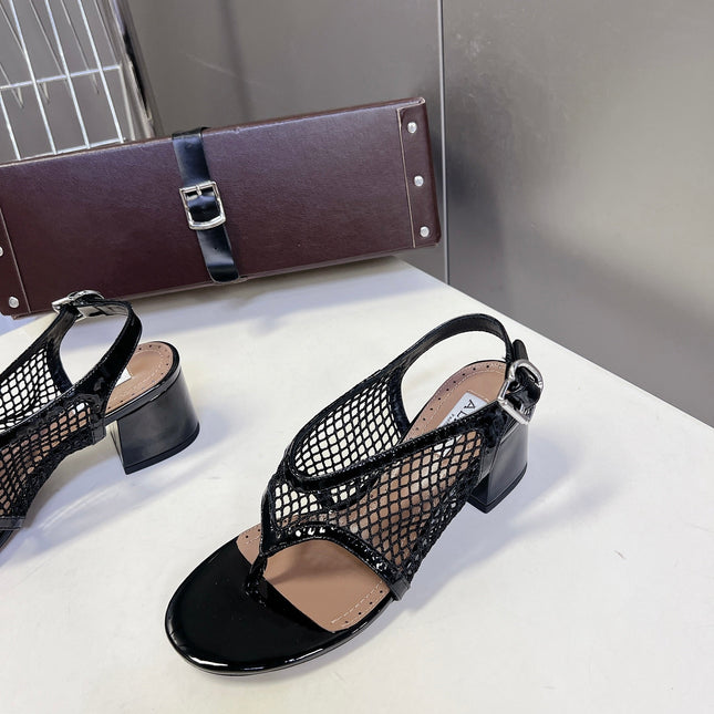 ALAIA 26S MESH THONG HEELS 55 MM IN BLACK PATENT CALFSKIN