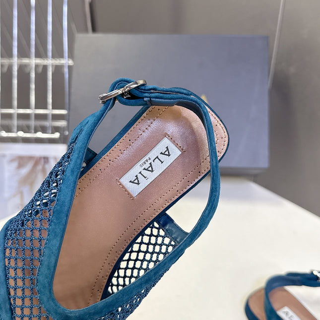 ALAIA 26S FLAT MESH THONG SANDALS IN PETROL BLUE SUEDE