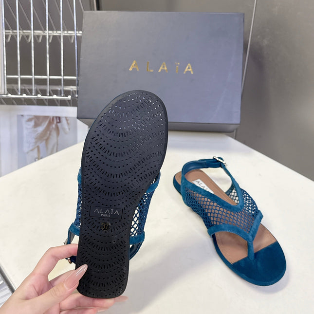 ALAIA 26S FLAT MESH THONG SANDALS IN PETROL BLUE SUEDE