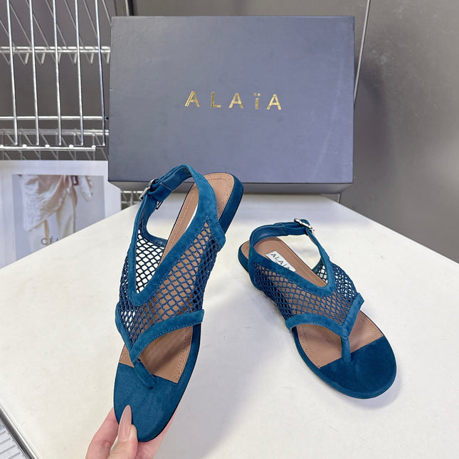 ALAIA 26S FLAT MESH THONG SANDALS IN PETROL BLUE SUEDE