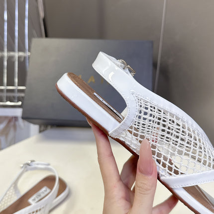 ALAIA 26S FLAT MESH THONG SANDALS IN WHITE PATENT CALFSKIN