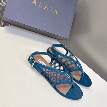 ALAIA 26S FLAT MESH THONG SANDALS IN PETROL BLUE SUEDE