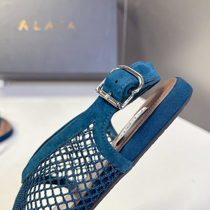 ALAIA 26S FLAT MESH THONG SANDALS IN PETROL BLUE SUEDE