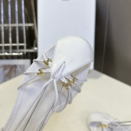 CELINE 26S TRIOMPHE LACE UP ANKLE STRAP FLAT SANDALS IN WHITE CALFSKIN