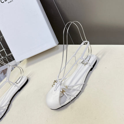 CELINE 26S TRIOMPHE LACE UP ANKLE STRAP FLAT SANDALS IN WHITE CALFSKIN