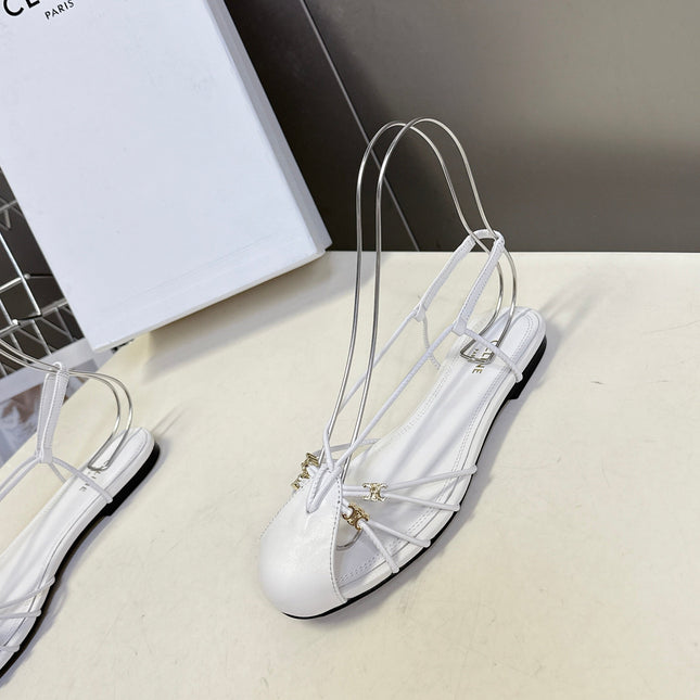 CELINE 26S TRIOMPHE LACE UP ANKLE STRAP FLAT SANDALS IN WHITE CALFSKIN