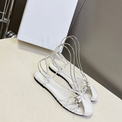 CELINE 26S TRIOMPHE LACE UP ANKLE STRAP FLAT SANDALS IN WHITE CALFSKIN