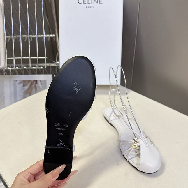 CELINE 26S TRIOMPHE LACE UP ANKLE STRAP FLAT SANDALS IN WHITE CALFSKIN