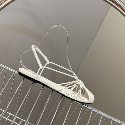 CELINE 26S TRIOMPHE LACE UP ANKLE STRAP FLAT SANDALS IN WHITE CALFSKIN
