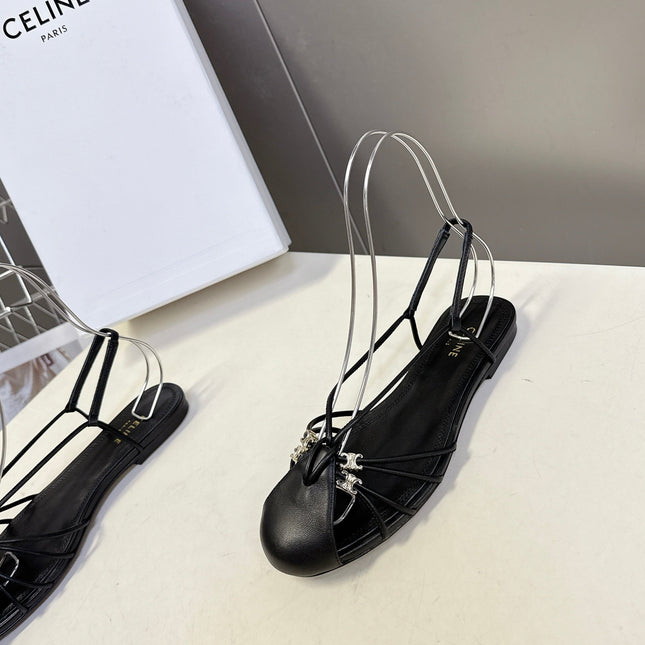 CELINE 26S TRIOMPHE LACE UP ANKLE STRAP FLAT SANDALS IN BLACK CALFSKIN
