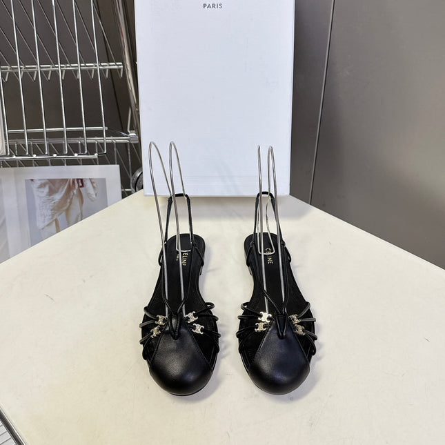 CELINE 26S TRIOMPHE LACE UP ANKLE STRAP FLAT SANDALS IN BLACK CALFSKIN