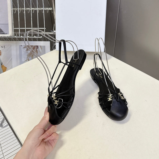 CELINE 26S TRIOMPHE LACE UP ANKLE STRAP FLAT SANDALS IN BLACK CALFSKIN