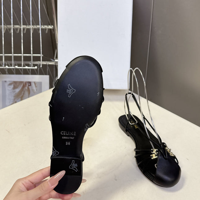 CELINE 26S TRIOMPHE LACE UP ANKLE STRAP FLAT SANDALS IN BLACK CALFSKIN