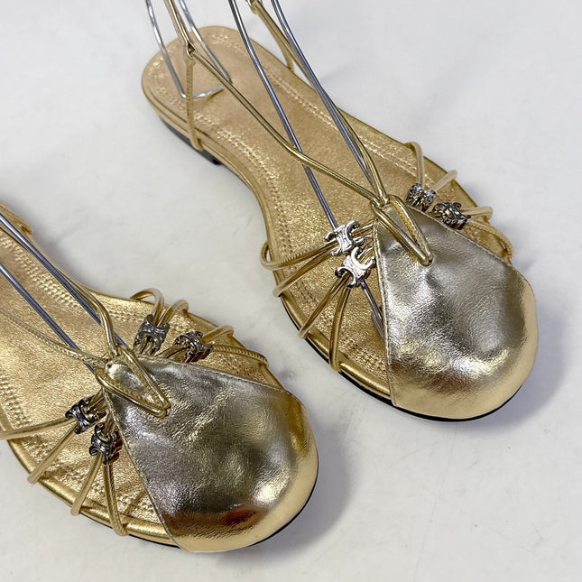 CELINE 26S TRIOMPHE LACE UP ANKLE STRAP FLAT SANDALS IN GOLD CALFSKIN