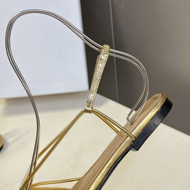 CELINE 26S TRIOMPHE LACE UP ANKLE STRAP FLAT SANDALS IN GOLD CALFSKIN