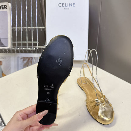 CELINE 26S TRIOMPHE LACE UP ANKLE STRAP FLAT SANDALS IN GOLD CALFSKIN