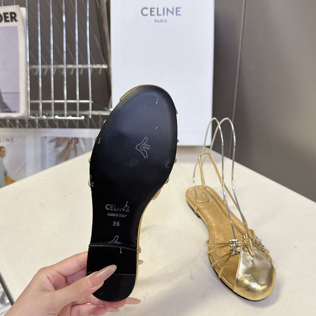 CELINE 26S TRIOMPHE LACE UP ANKLE STRAP FLAT SANDALS IN GOLD CALFSKIN