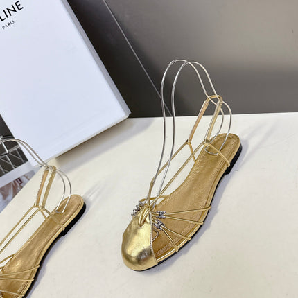 CELINE 26S TRIOMPHE LACE UP ANKLE STRAP FLAT SANDALS IN GOLD CALFSKIN