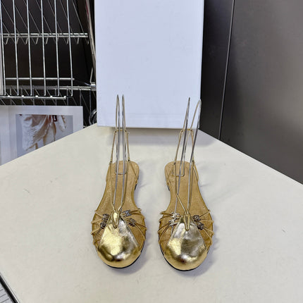 CELINE 26S TRIOMPHE LACE UP ANKLE STRAP FLAT SANDALS IN GOLD CALFSKIN