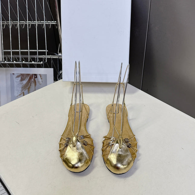 CELINE 26S TRIOMPHE LACE UP ANKLE STRAP FLAT SANDALS IN GOLD CALFSKIN