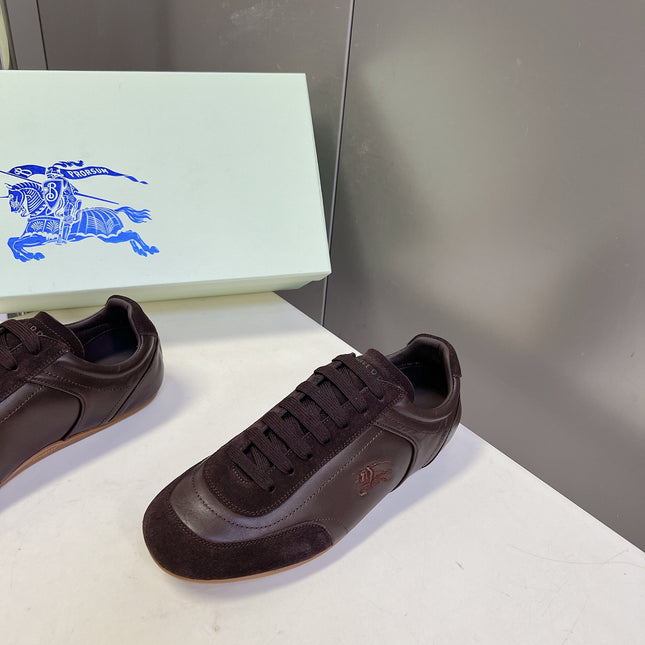 BURBERRY 26S LOW TOP SNEAKERS IN DARK BROWN CALFSKIN AND SUEDE