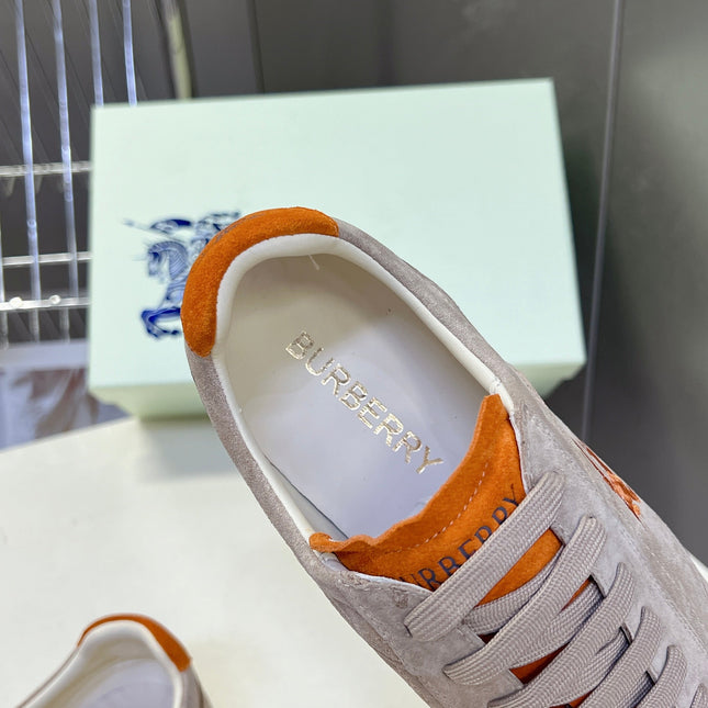 BURBERRY 26S LOW TOP SNEAKERS IN BEIGE AND ORANGE SUEDE